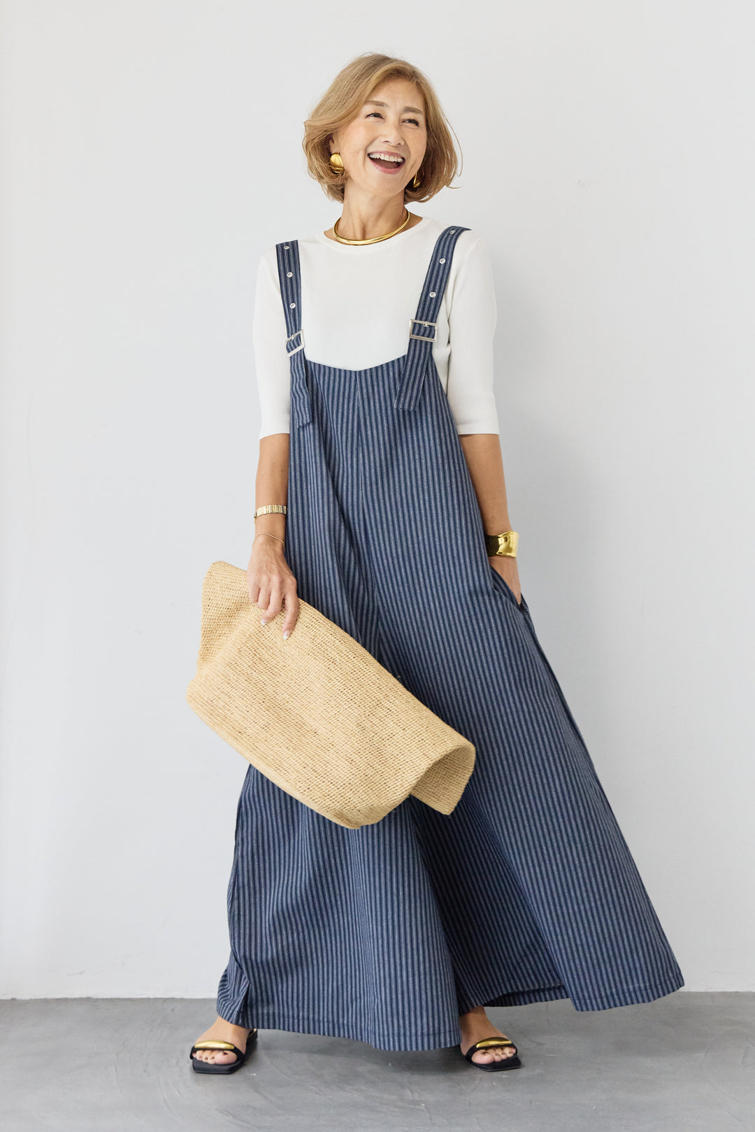 ストライプ ワイドサロペットワンピース