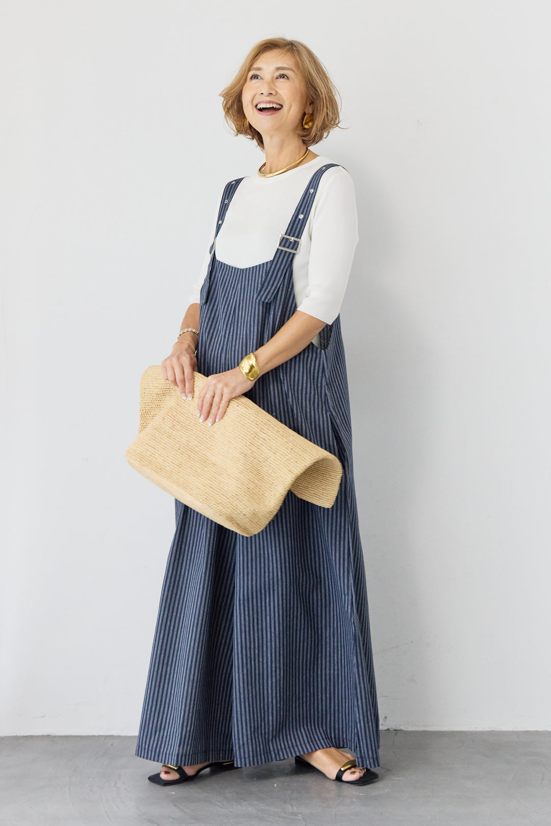 ストライプ ワイドサロペットワンピース