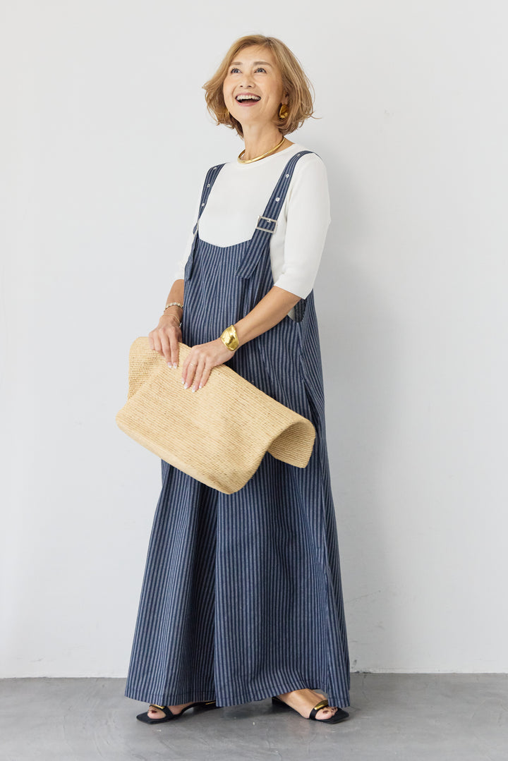 ストライプ ワイドサロペットワンピース