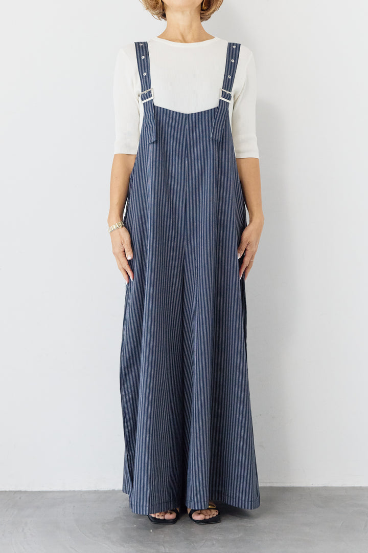 ストライプ ワイドサロペットワンピース