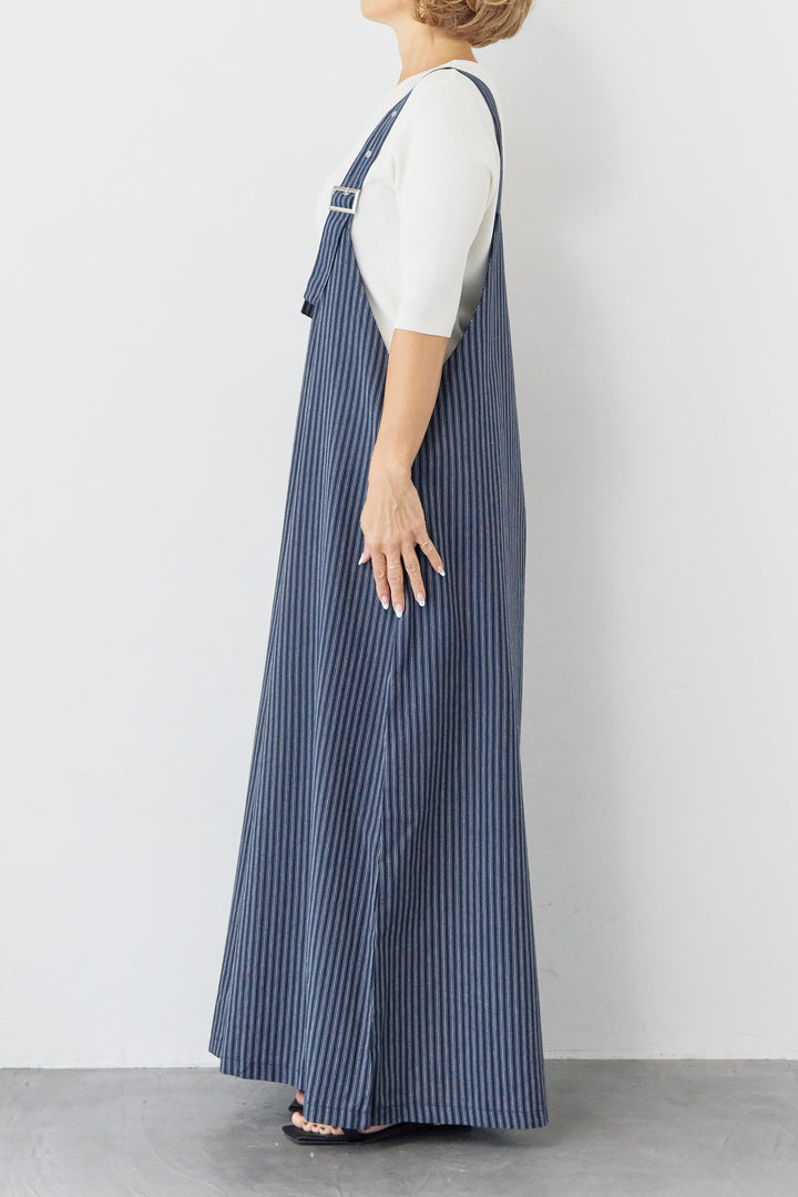 ストライプ ワイドサロペットワンピース