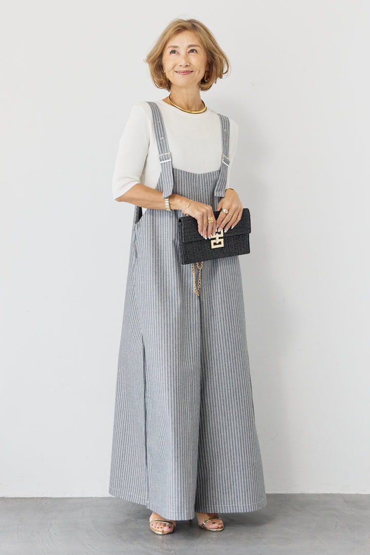 ストライプ ワイドサロペットワンピース