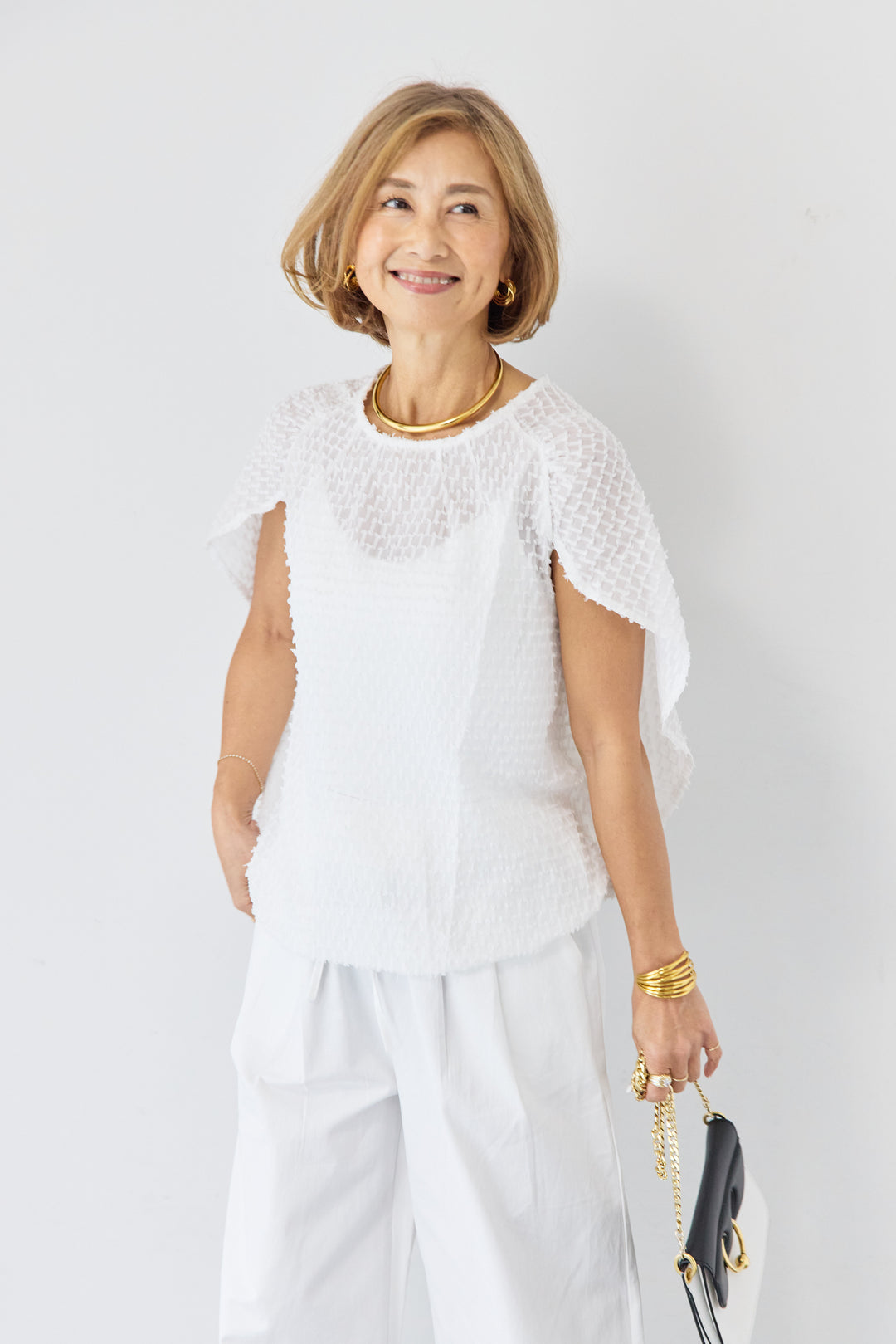 フリンジジャガード ケープスリーブブラウス