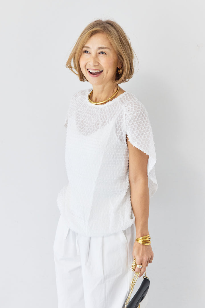 フリンジジャガード ケープスリーブブラウス