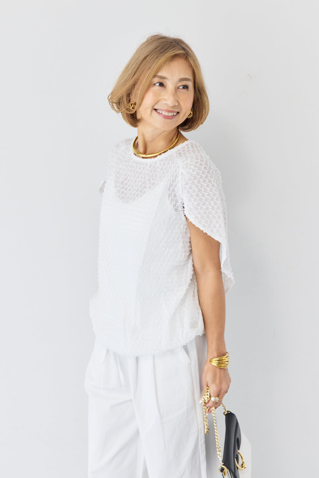 フリンジジャガード ケープスリーブブラウス