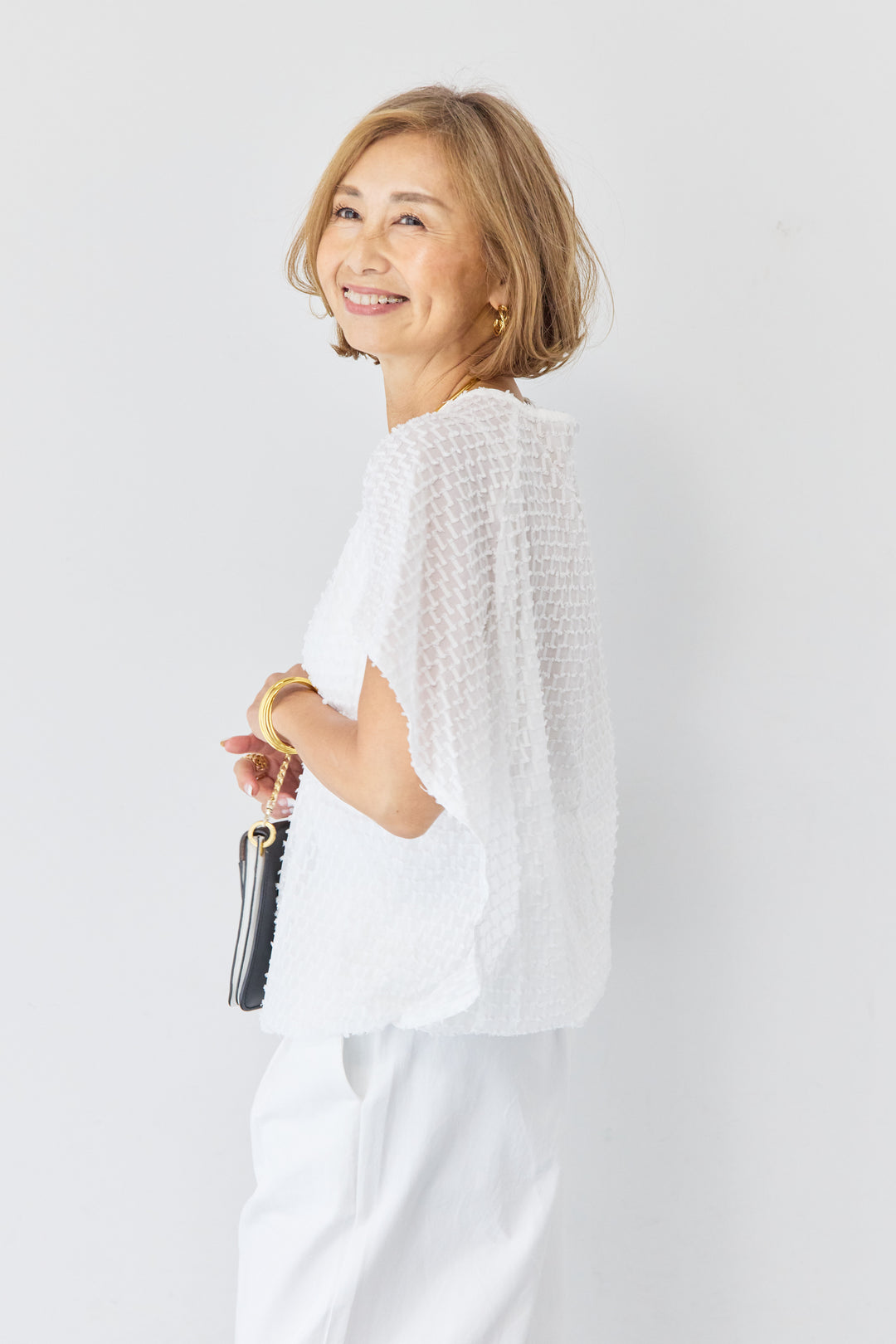 フリンジジャガード ケープスリーブブラウス