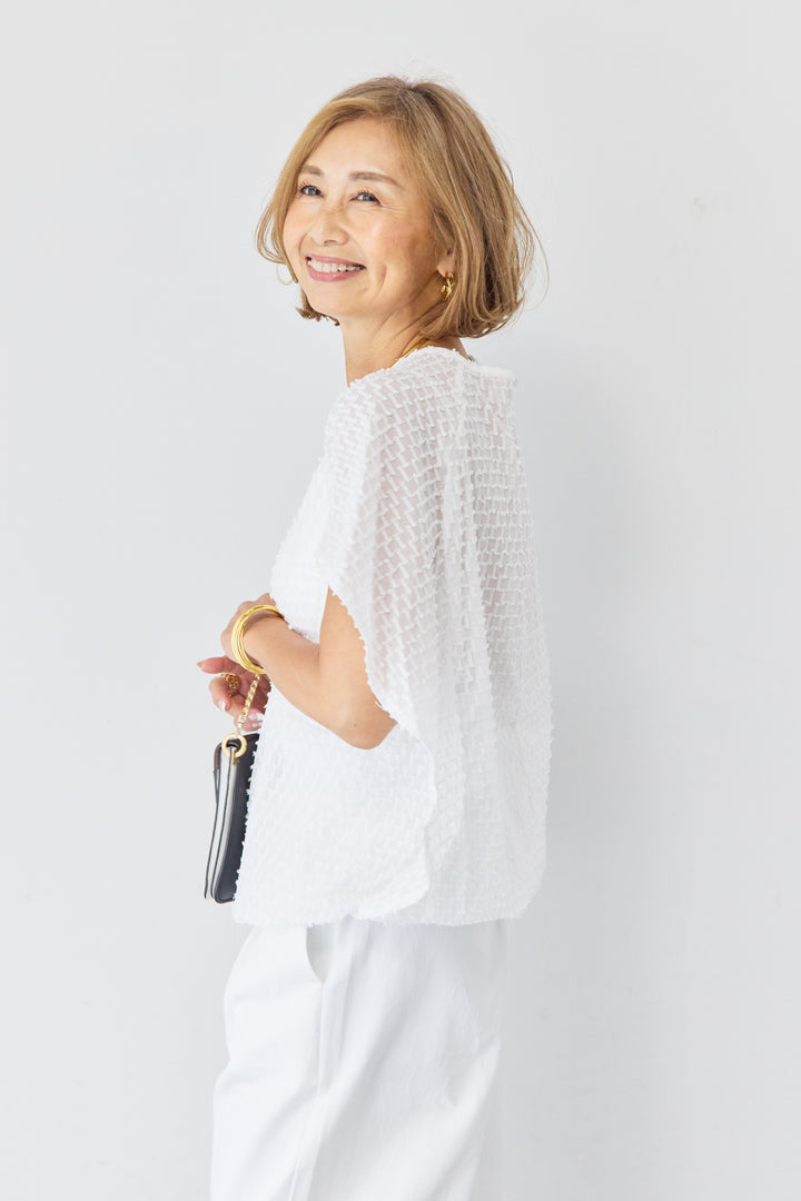 フリンジジャガード ケープスリーブブラウス