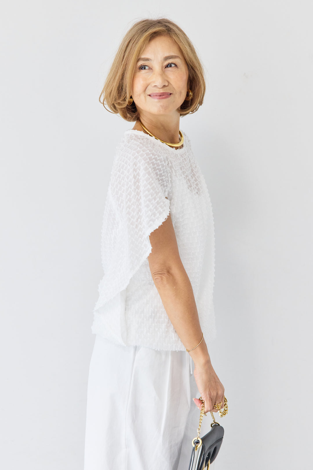 フリンジジャガード ケープスリーブブラウス