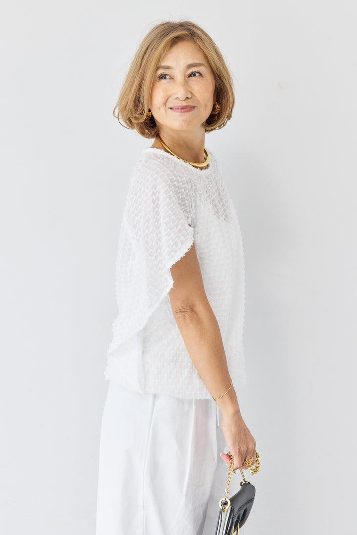 フリンジジャガード ケープスリーブブラウス