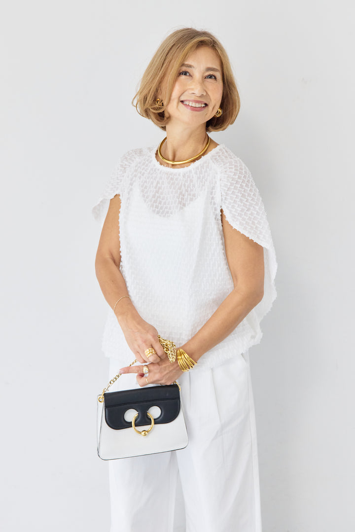 フリンジジャガード ケープスリーブブラウス