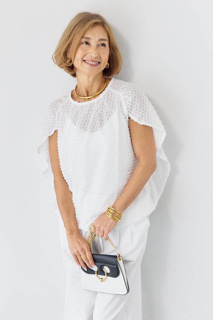 フリンジジャガード ケープスリーブブラウス