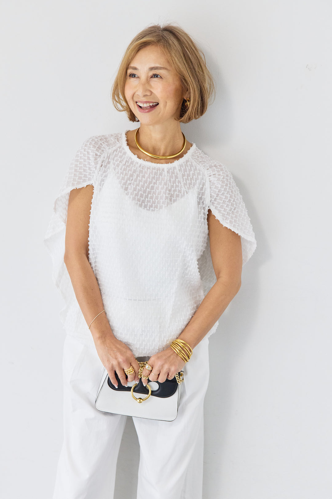 フリンジジャガード ケープスリーブブラウス