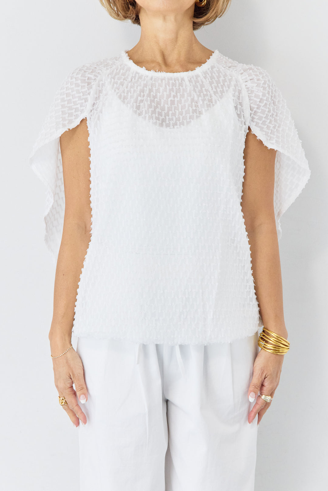 フリンジジャガード ケープスリーブブラウス