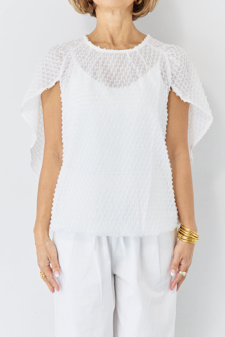 フリンジジャガード ケープスリーブブラウス
