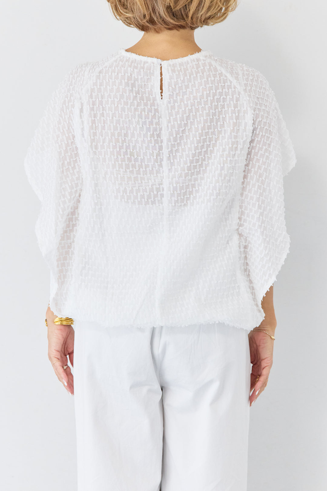 フリンジジャガード ケープスリーブブラウス