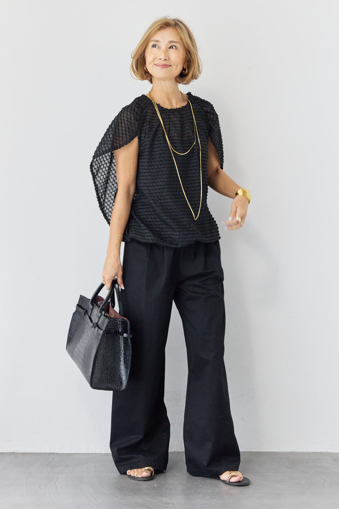 フリンジジャガード ケープスリーブブラウス