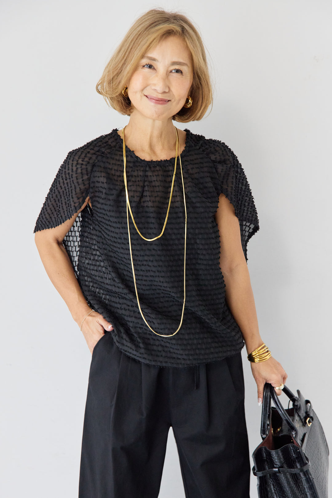 フリンジジャガード ケープスリーブブラウス