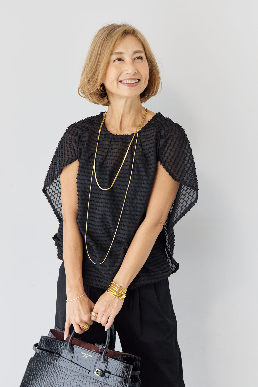 フリンジジャガード ケープスリーブブラウス