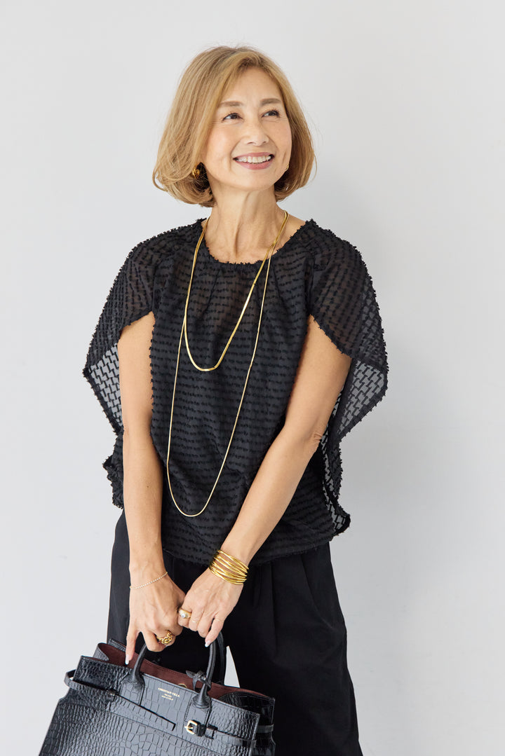 フリンジジャガード ケープスリーブブラウス