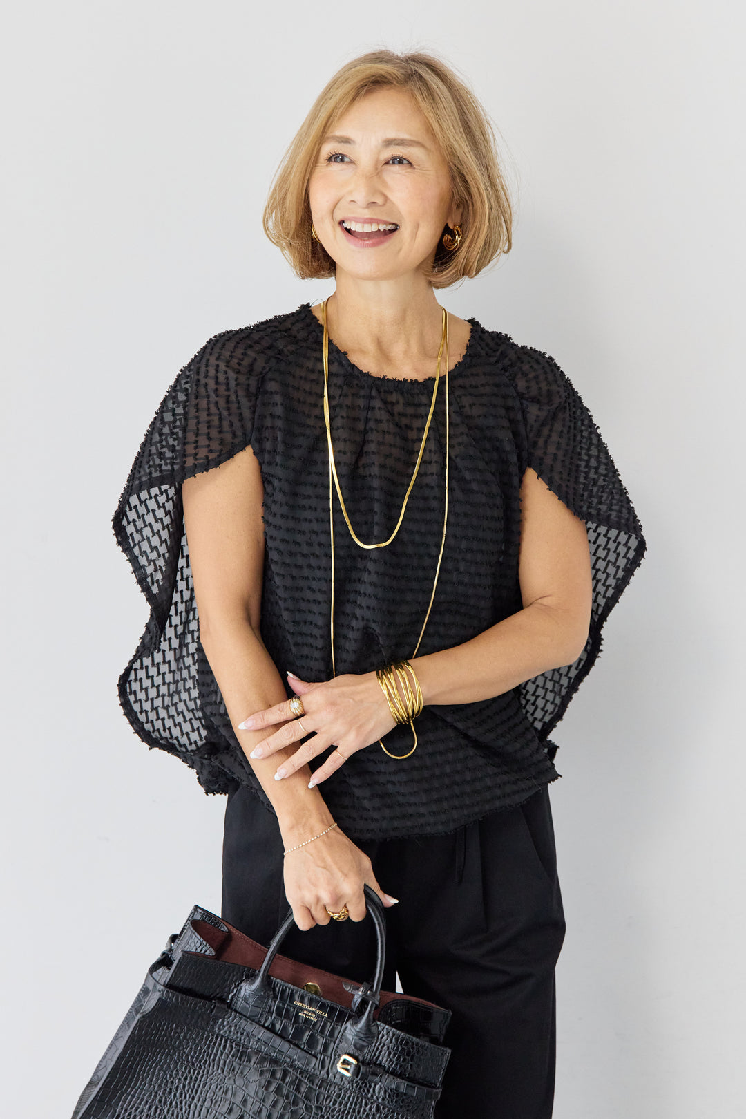 フリンジジャガード ケープスリーブブラウス