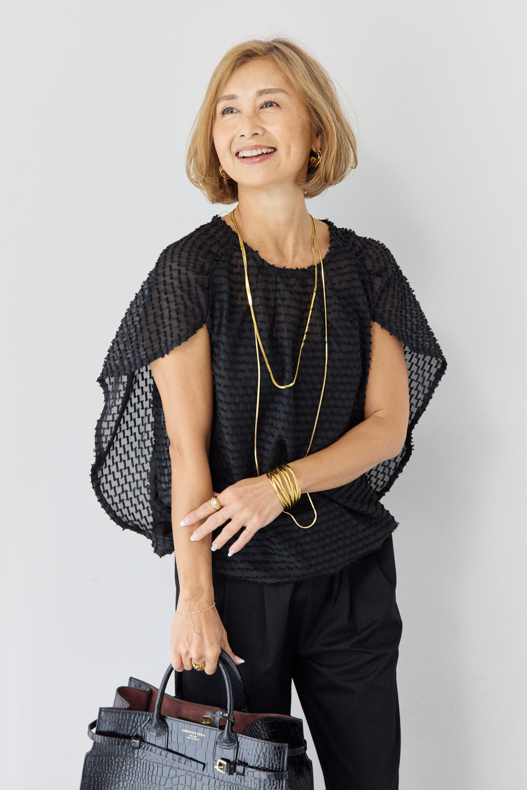 フリンジジャガード ケープスリーブブラウス