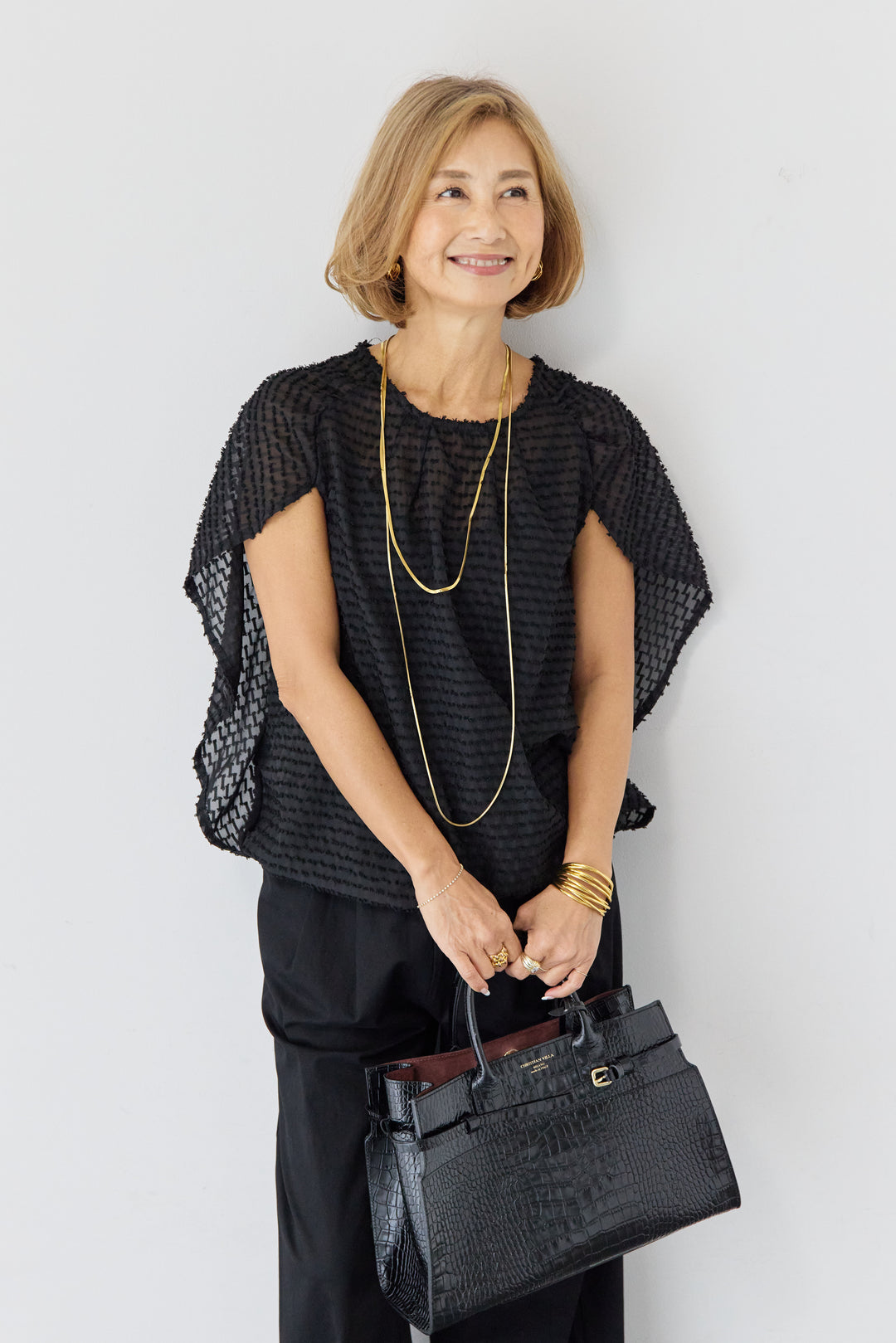 フリンジジャガード ケープスリーブブラウス