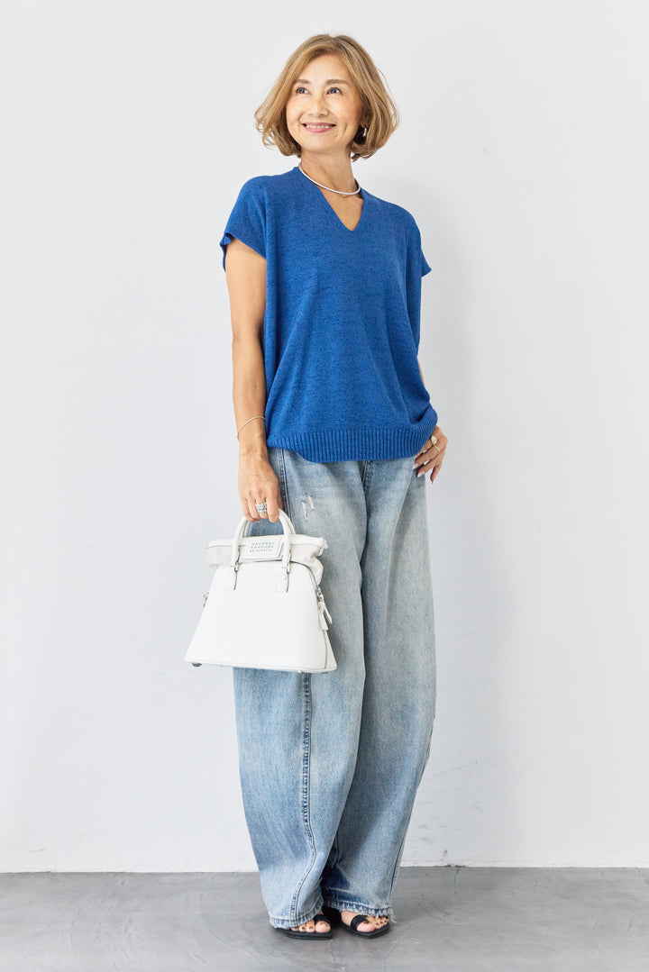 [SET]Vネック フレンチスリーブ サマーニット+ダメージコクーンパンツ(2set)