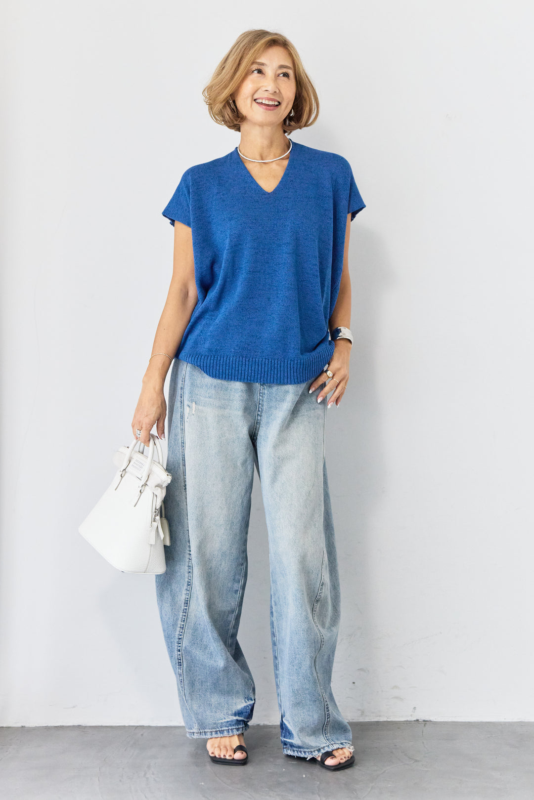 Vネック フレンチスリーブ サマーニット