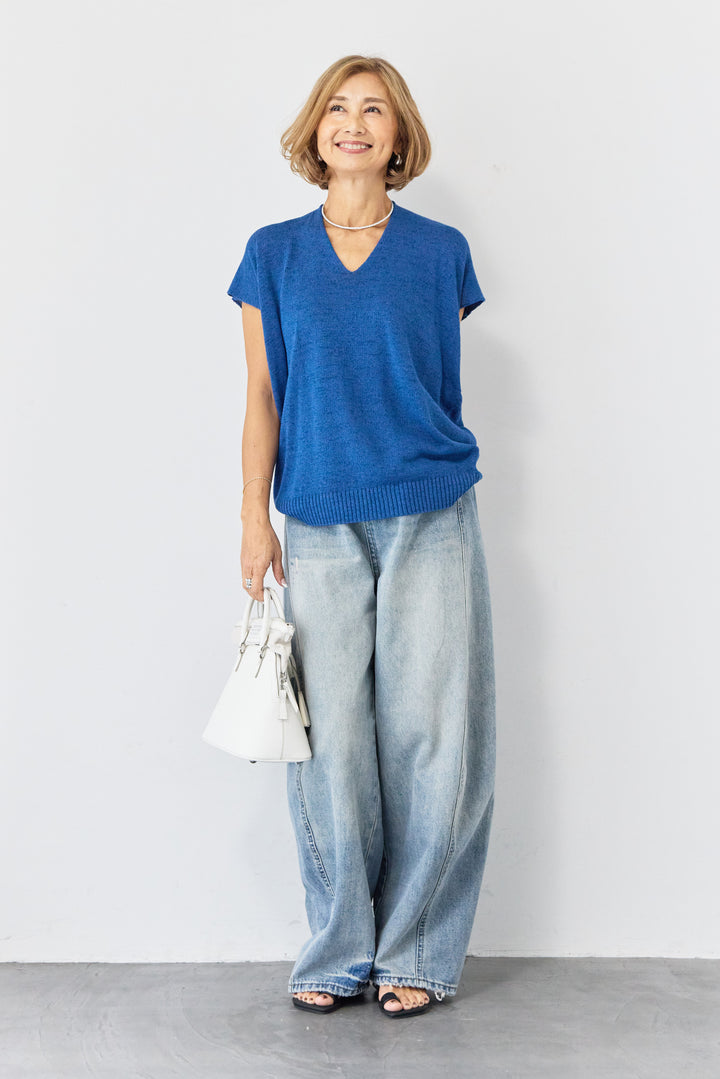 Vネック フレンチスリーブ サマーニット