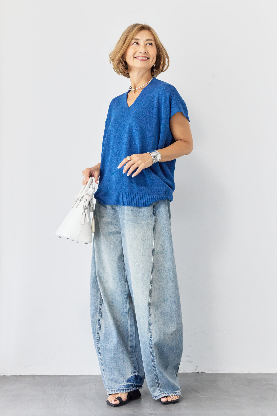 [SET]Vネック フレンチスリーブ サマーニット+ダメージコクーンパンツ(2set)