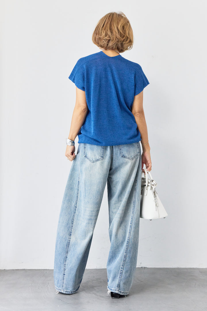 Vネック フレンチスリーブ サマーニット