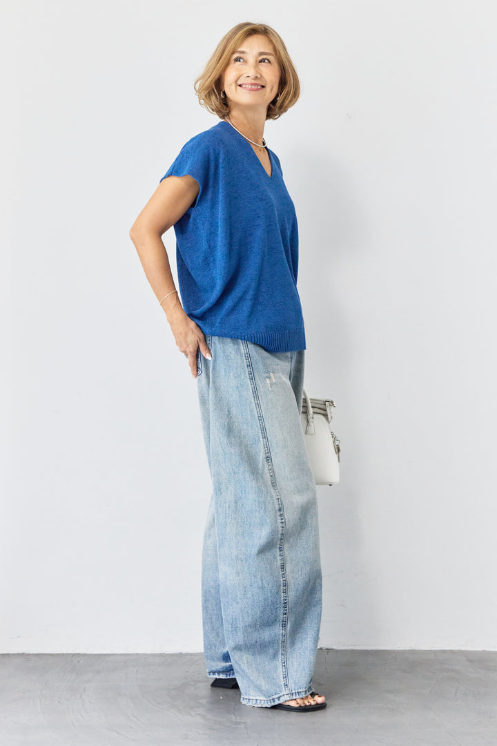 Vネック フレンチスリーブ サマーニット