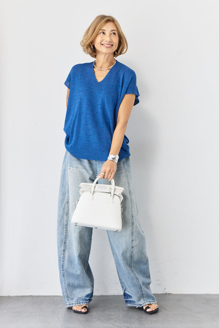 Vネック フレンチスリーブ サマーニット