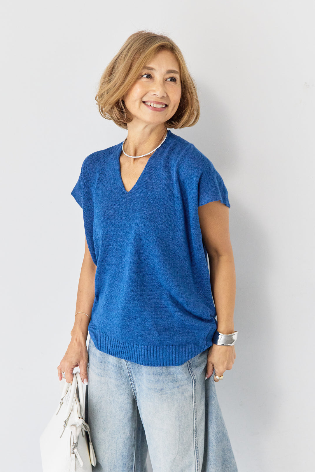 Vネック フレンチスリーブ サマーニット