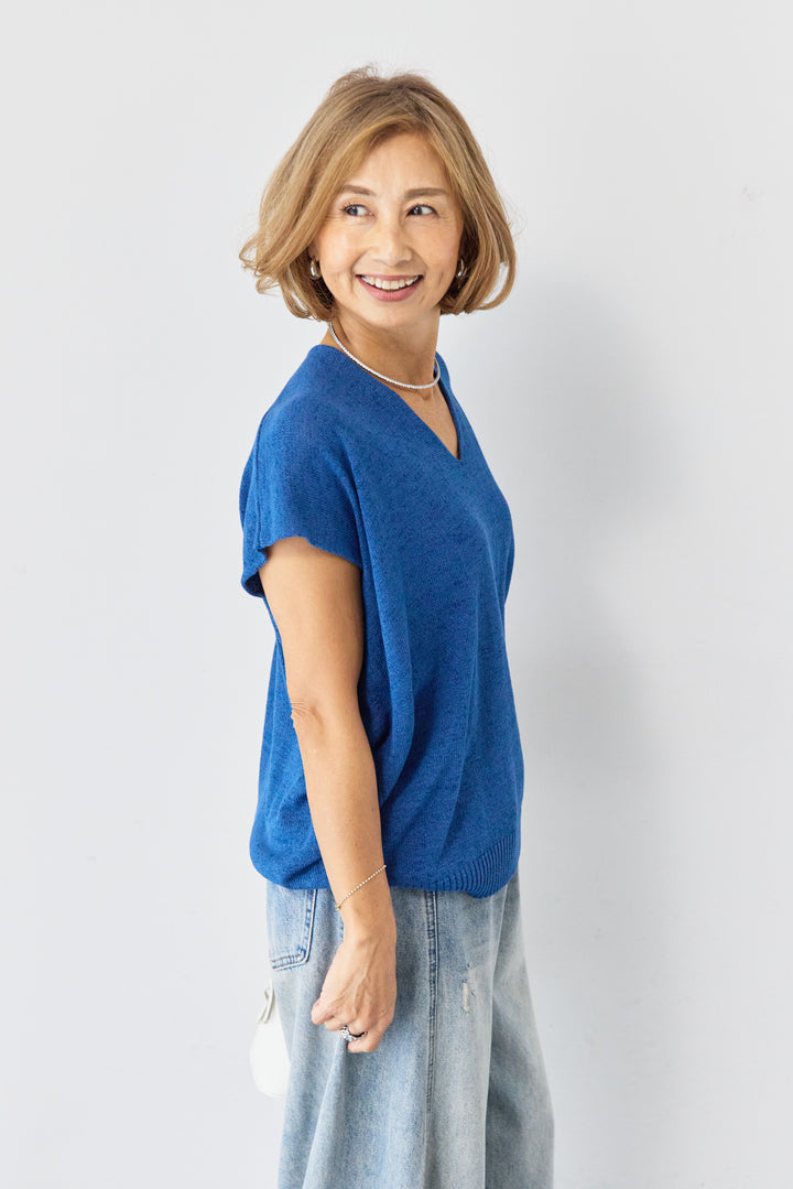 [SET]Vネック フレンチスリーブ サマーニット+ダメージコクーンパンツ(2set)