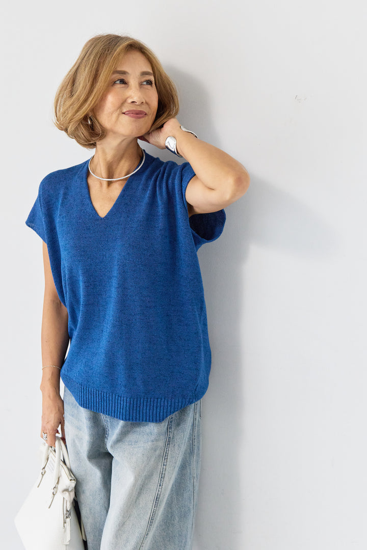 Vネック フレンチスリーブ サマーニット