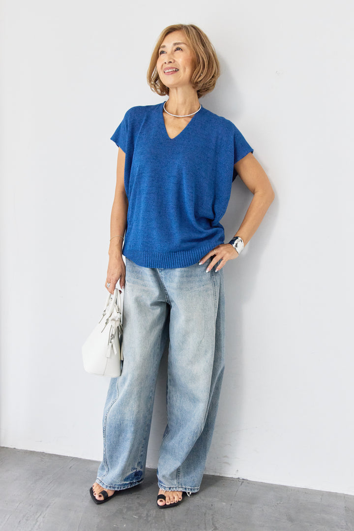 Vネック フレンチスリーブ サマーニット