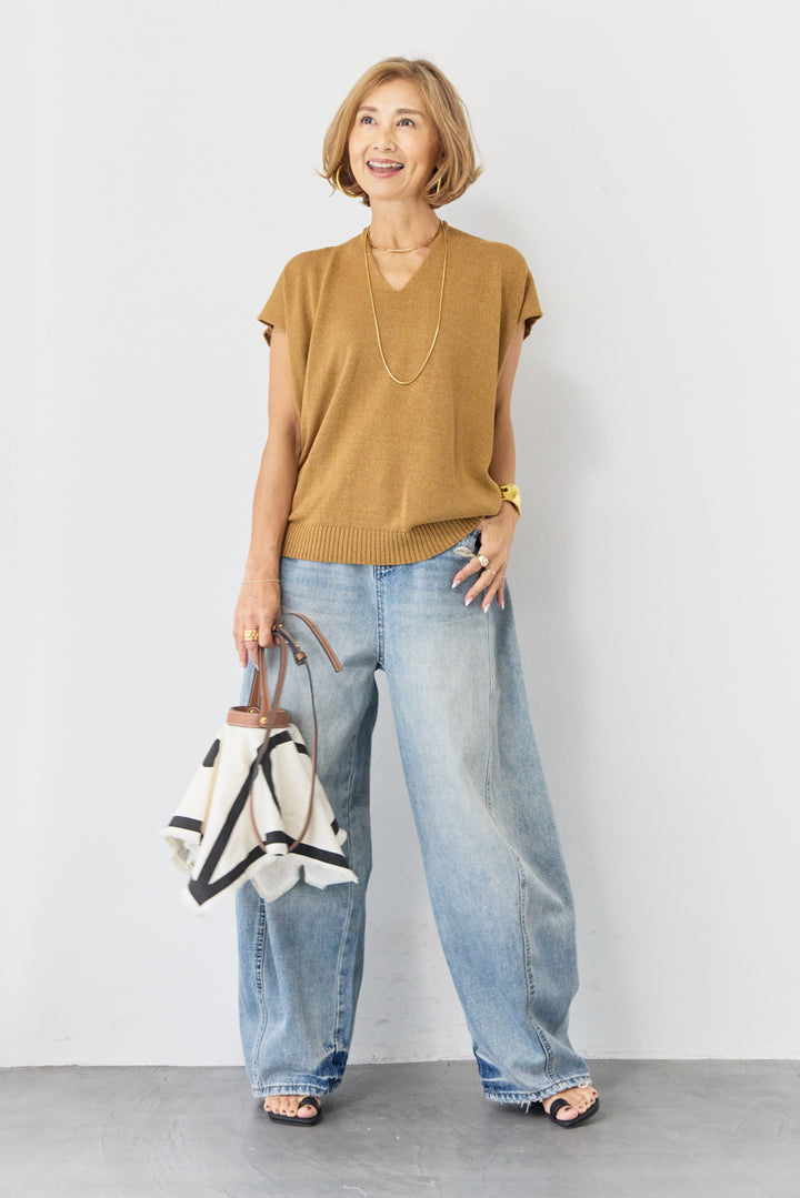 Vネック フレンチスリーブ サマーニット