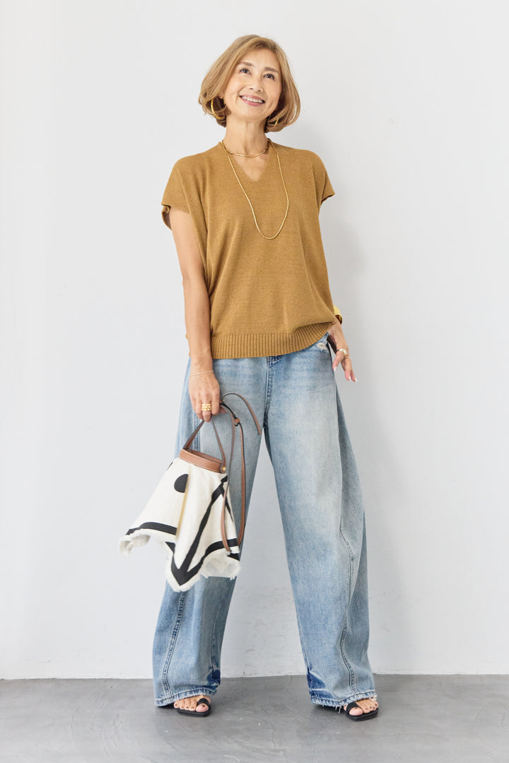 Vネック フレンチスリーブ サマーニット