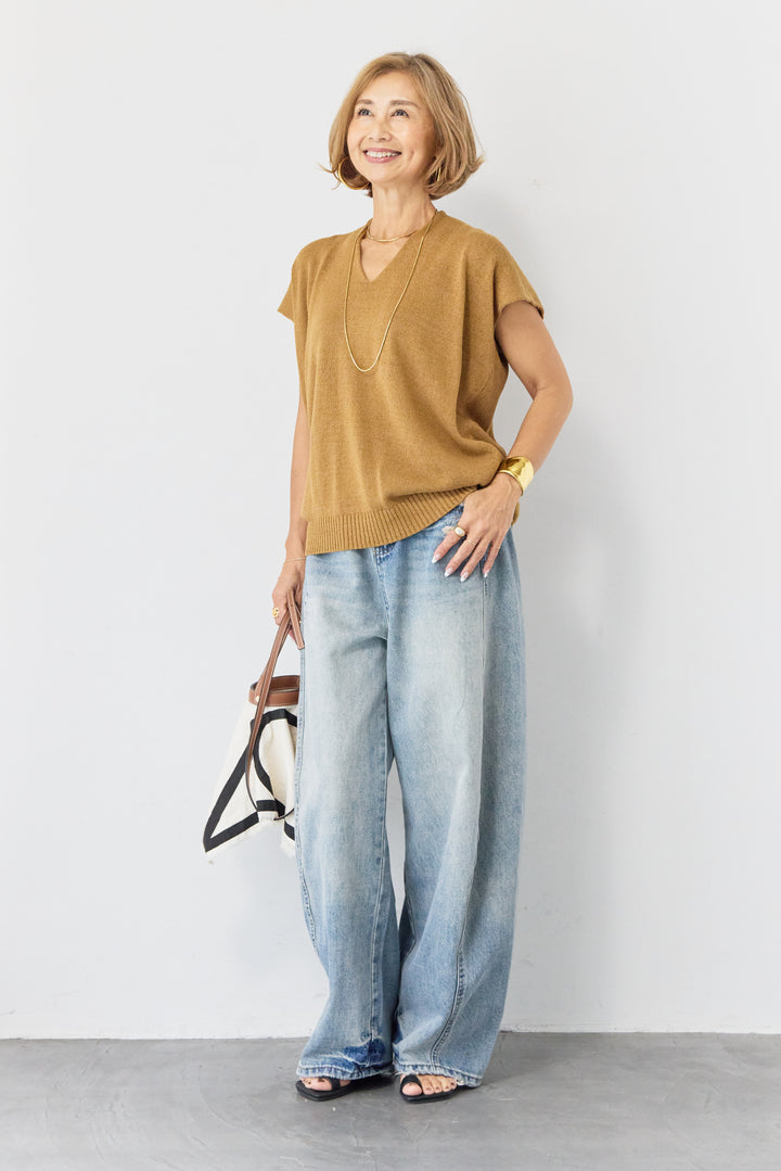 Vネック フレンチスリーブ サマーニット