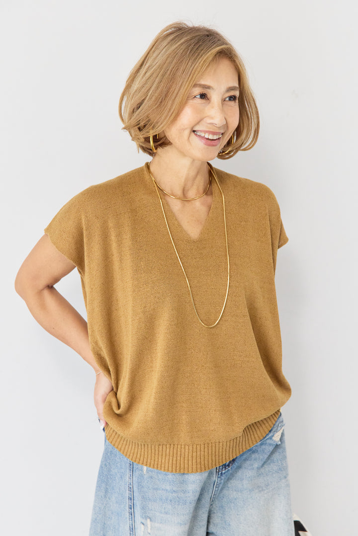 [SET]Vネック フレンチスリーブ サマーニット+ダメージコクーンパンツ(2set)