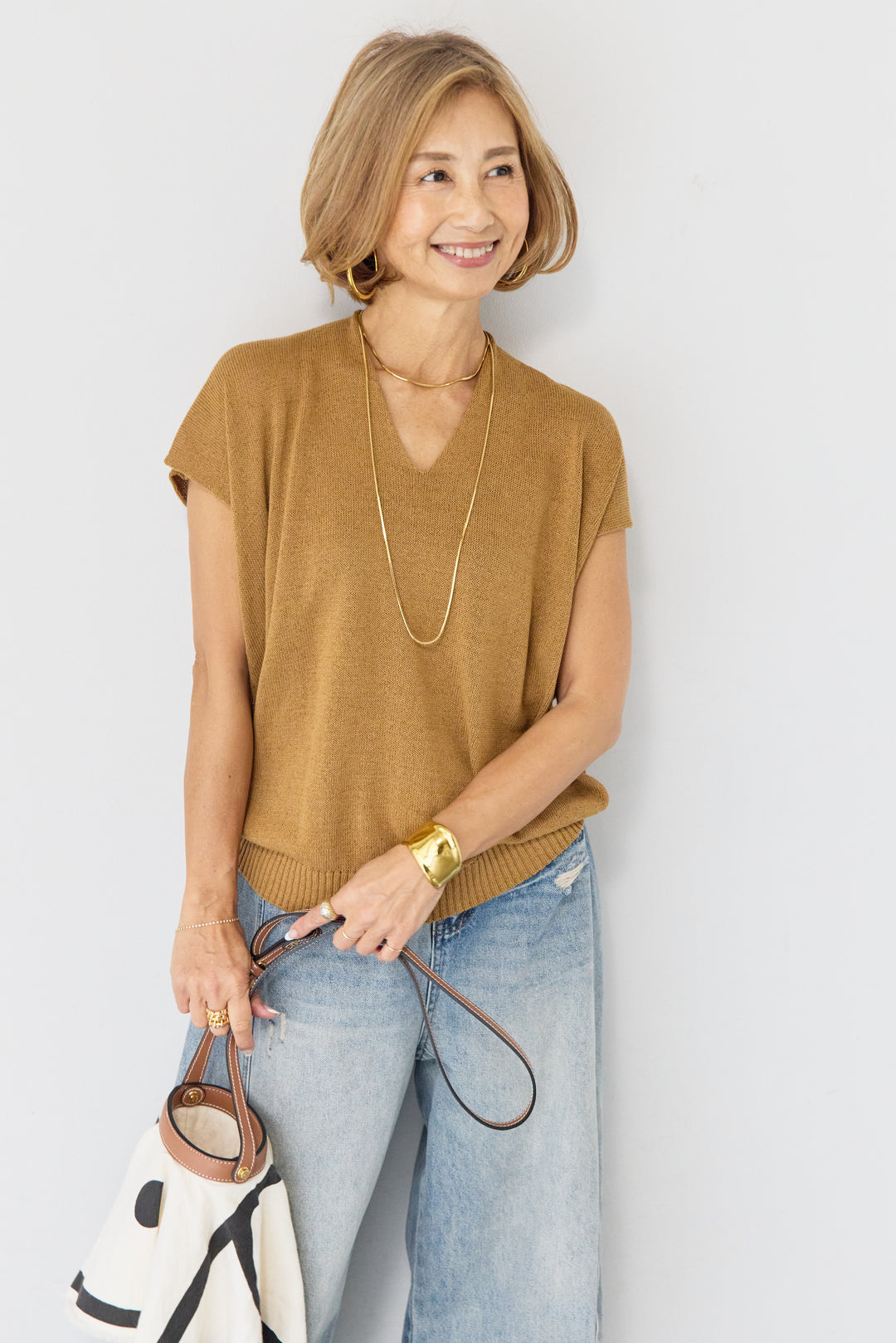 Vネック フレンチスリーブ サマーニット