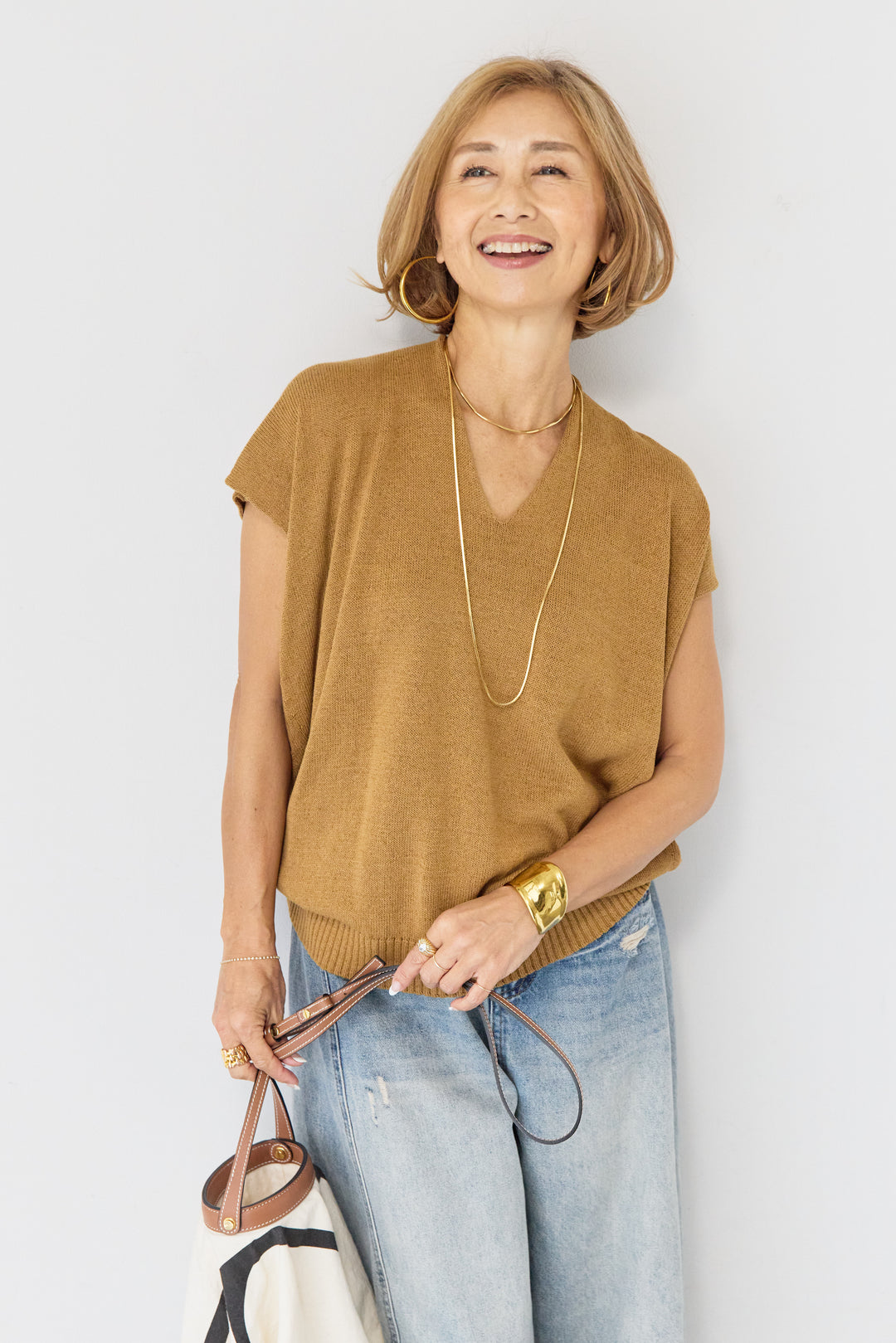 Vネック フレンチスリーブ サマーニット