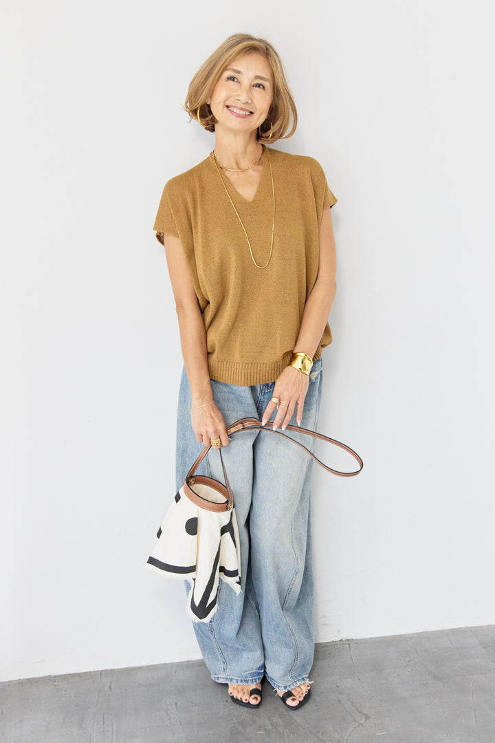 Vネック フレンチスリーブ サマーニット