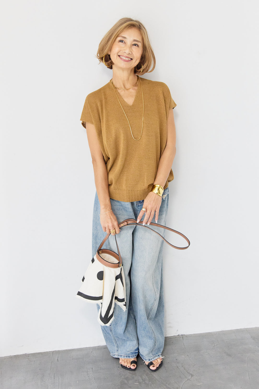 [SET]Vネック フレンチスリーブ サマーニット+ダメージコクーンパンツ(2set)