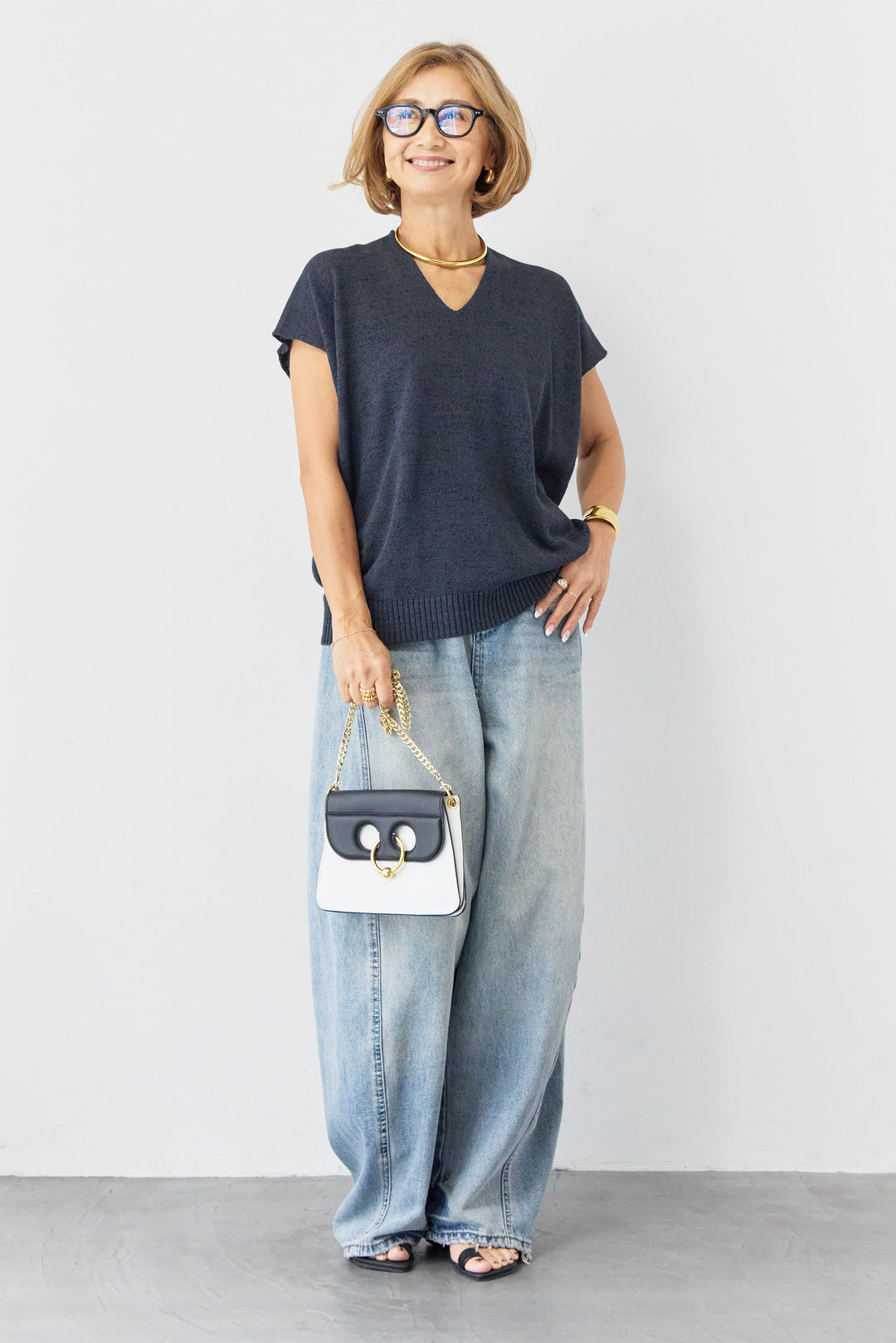 Vネック フレンチスリーブ サマーニット