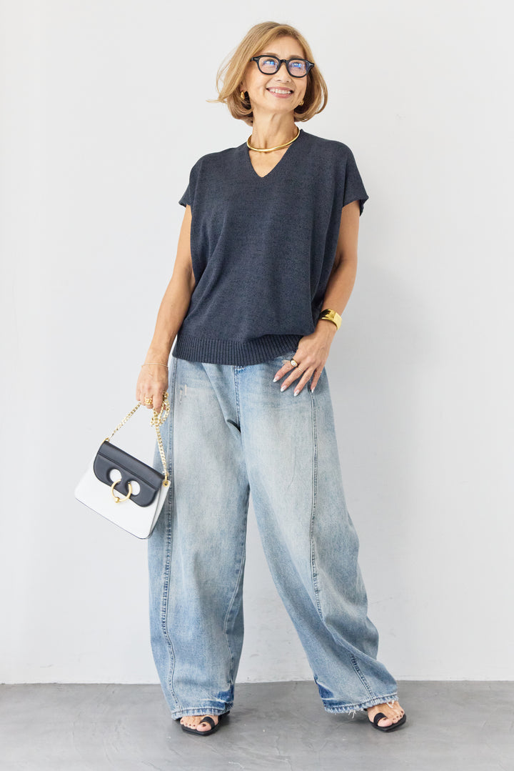 Vネック フレンチスリーブ サマーニット