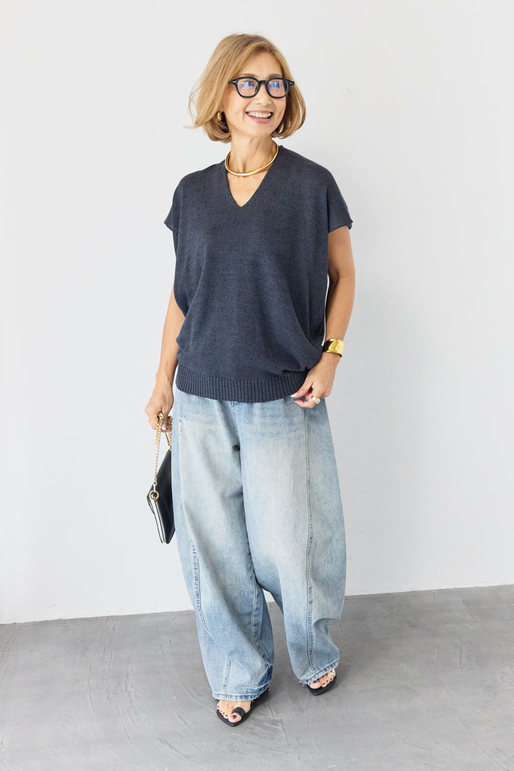 Vネック フレンチスリーブ サマーニット