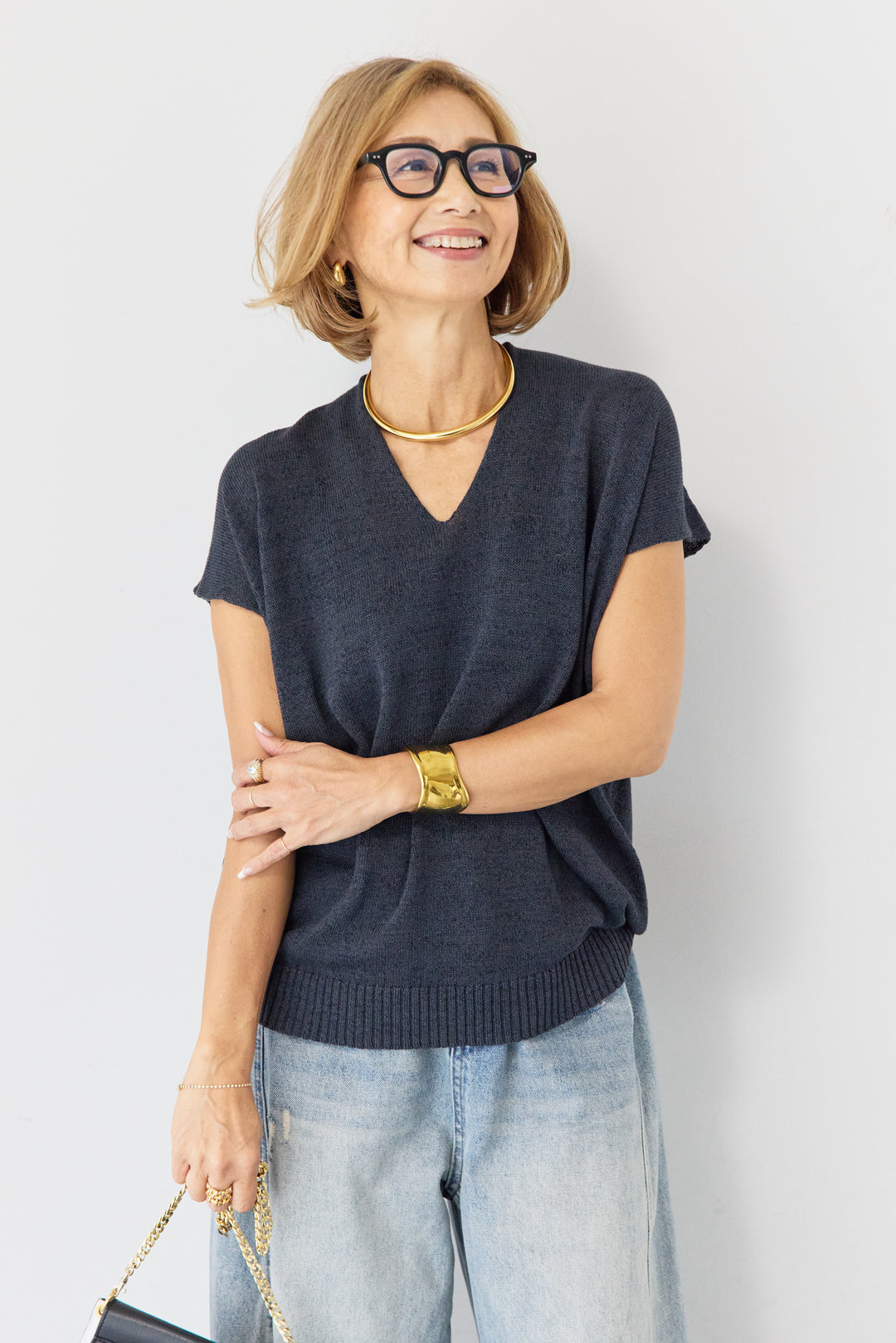 Vネック フレンチスリーブ サマーニット