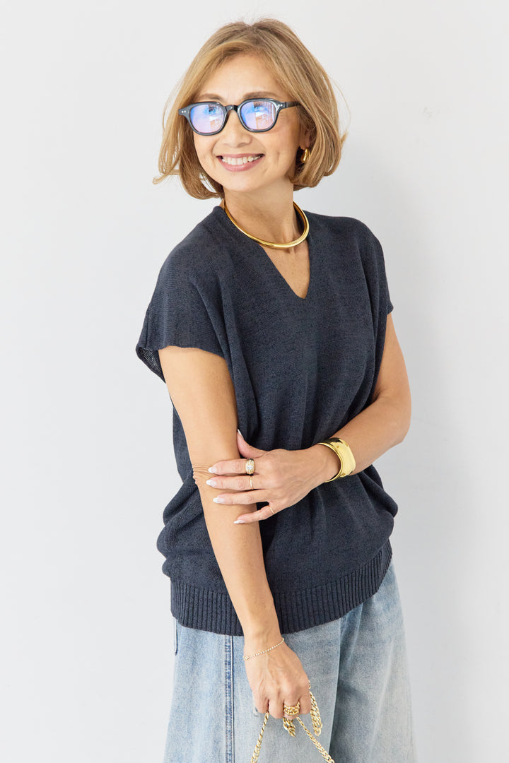 Vネック フレンチスリーブ サマーニット